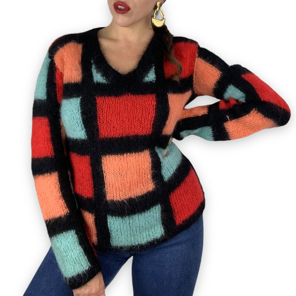 70's hand knitted mohair color block sweater